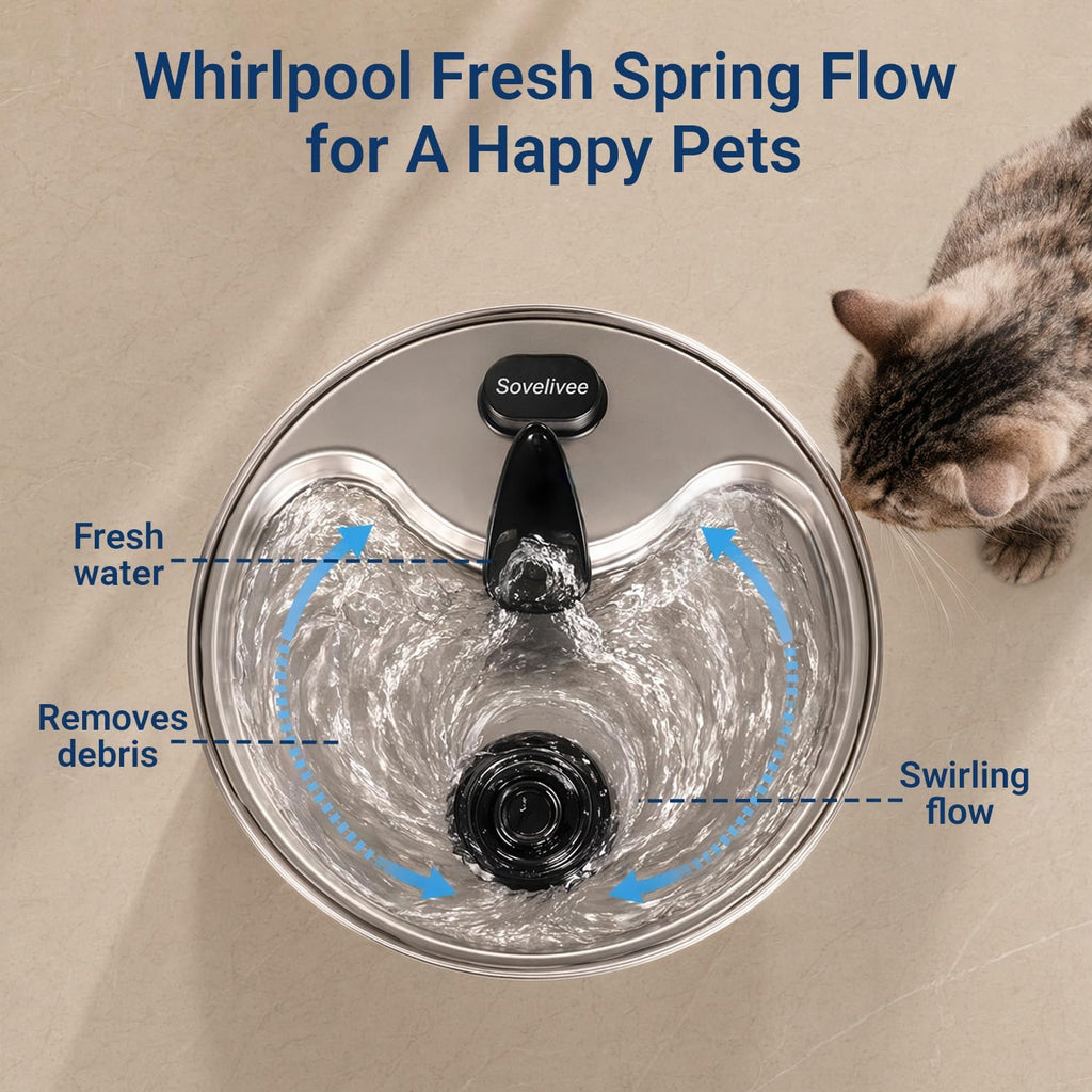 Cat Water Fountain, 118oz/3.5L Stainless Steel Cat Fountain with Ultra-Quiet Pump, LED Water Level Window, Automatic Cat Water Dispenser, 6-Layer Filtration Includes 2 Replacement Filters