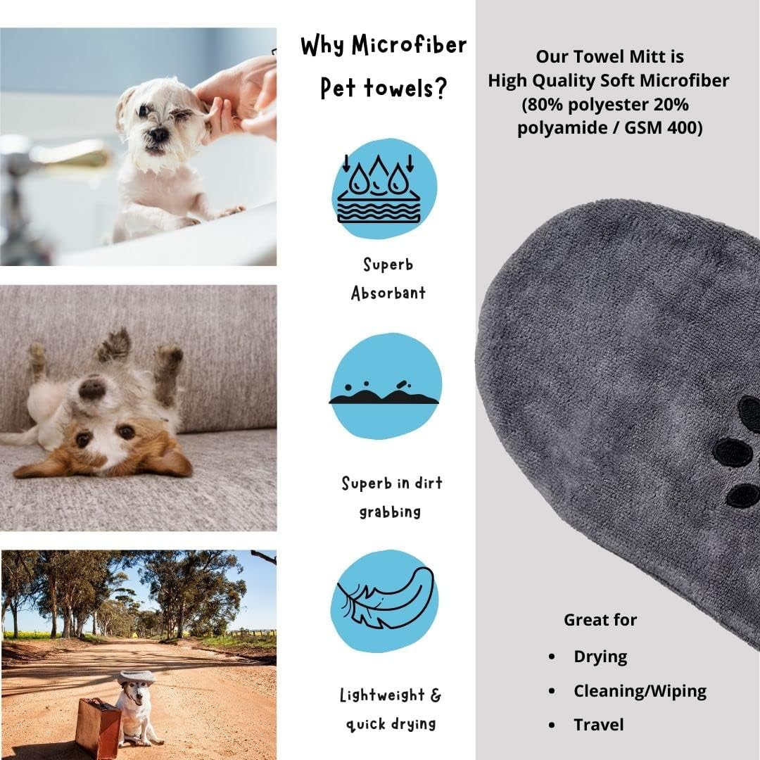 Penny & Niko Microfiber Pet Towel Mitts - Paw Cleaning and Drying Mitts/Gloves for Dogs and Cats (Gray, Standard - 2 Pack)