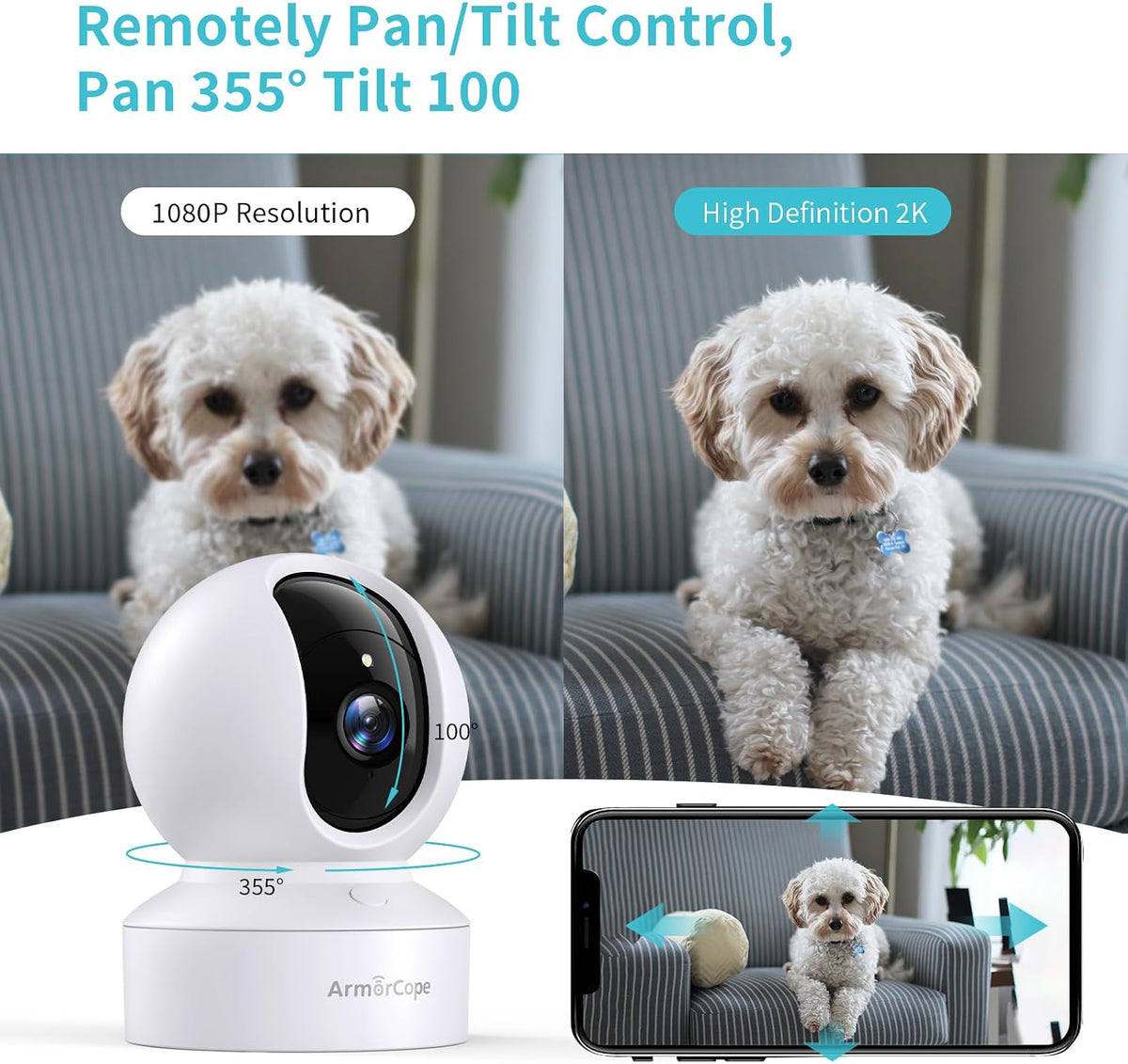 Armorcope Pet Camera, 2K HD Dog Camera with Phone APP, 360° Pan/Tilt View Puppy Cam, One Click Call for Baby Monitor, MagivPix Night Vision,Motion Tracking Alarm with Cloud/Local SD -2 Pack