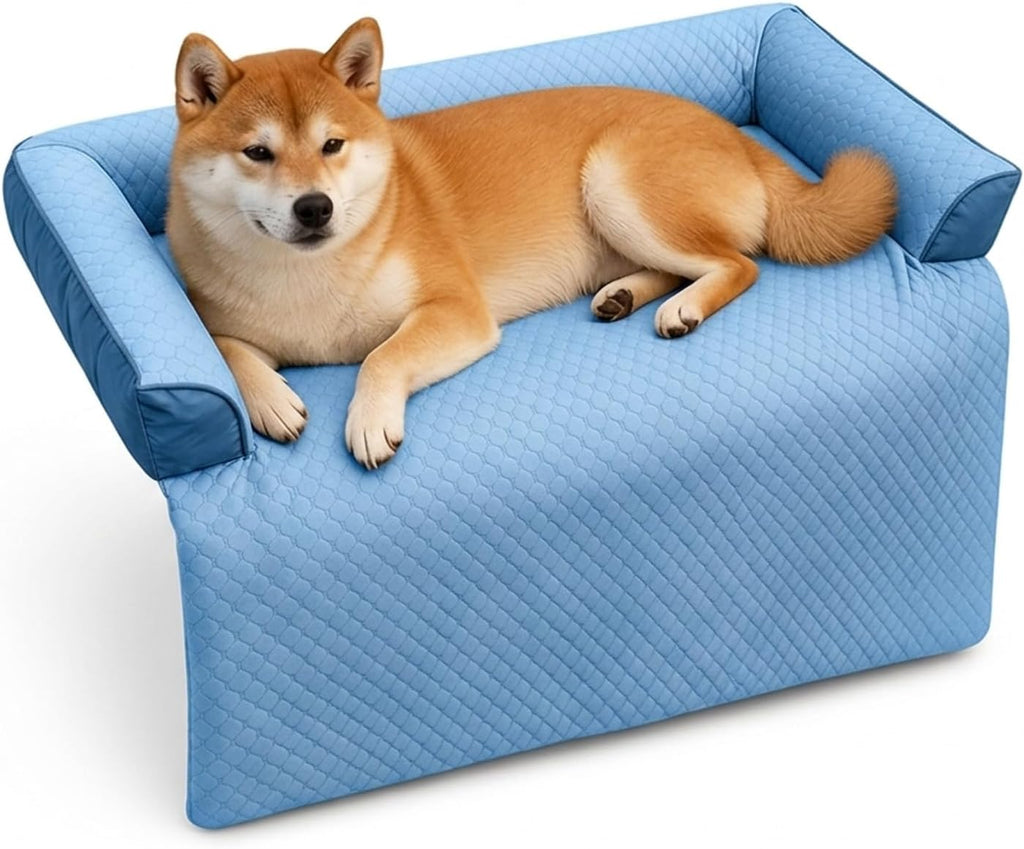 GGIB Dog Bed Mat with Bolster Pillow Washable Dog Couch Cover Breathable Pet Couch Bed Protector Indoor(Medium, Cooling Blue)
