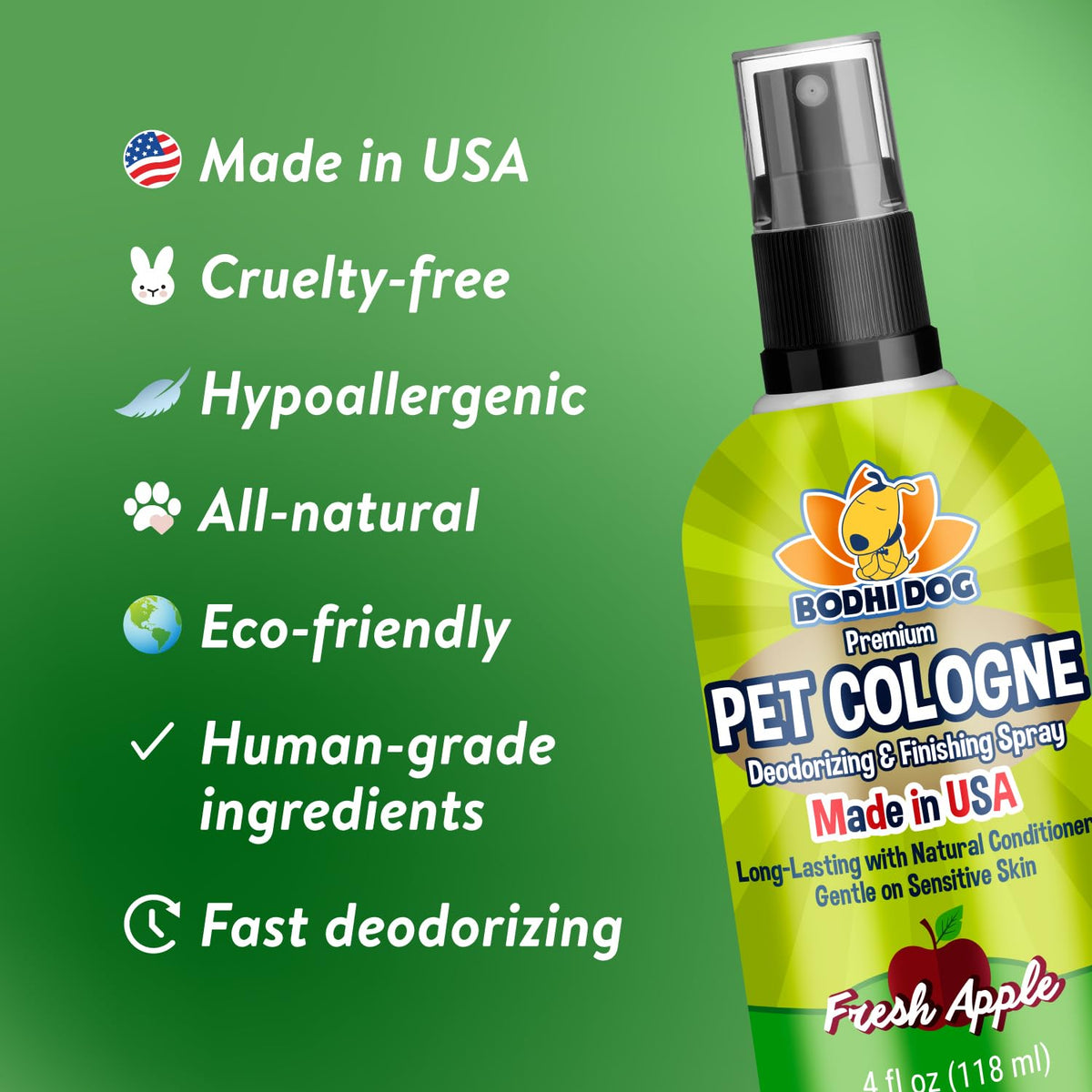 Bodhi Dog Premium Dog Cologne - Deodorizing Dog Perfume & Conditioner for Dogs & Cats - Natural Long Lasting Spray - Keeps Pets Fresh All Day - Gentle & Safe Formula, Made in USA (Fresh Apple 4 Fl Oz)
