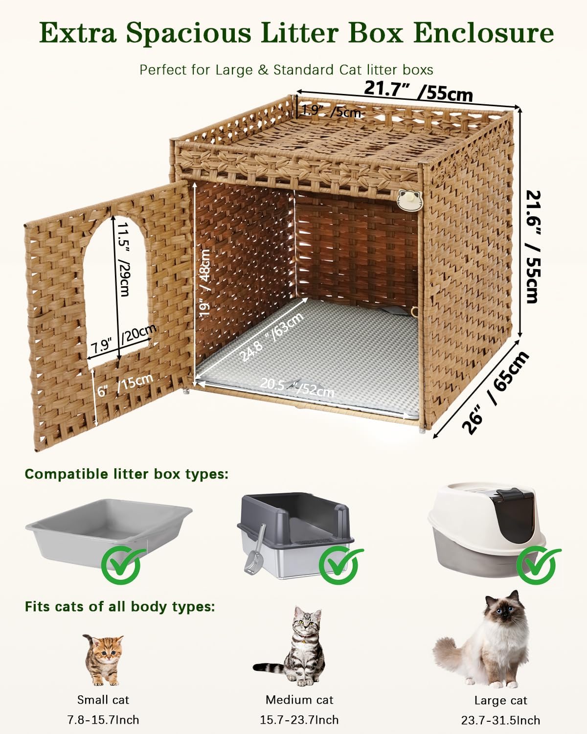 SETVSON Cat Litter Box Enclosure Furniture, Large PE Rattan Cabinet,Natural