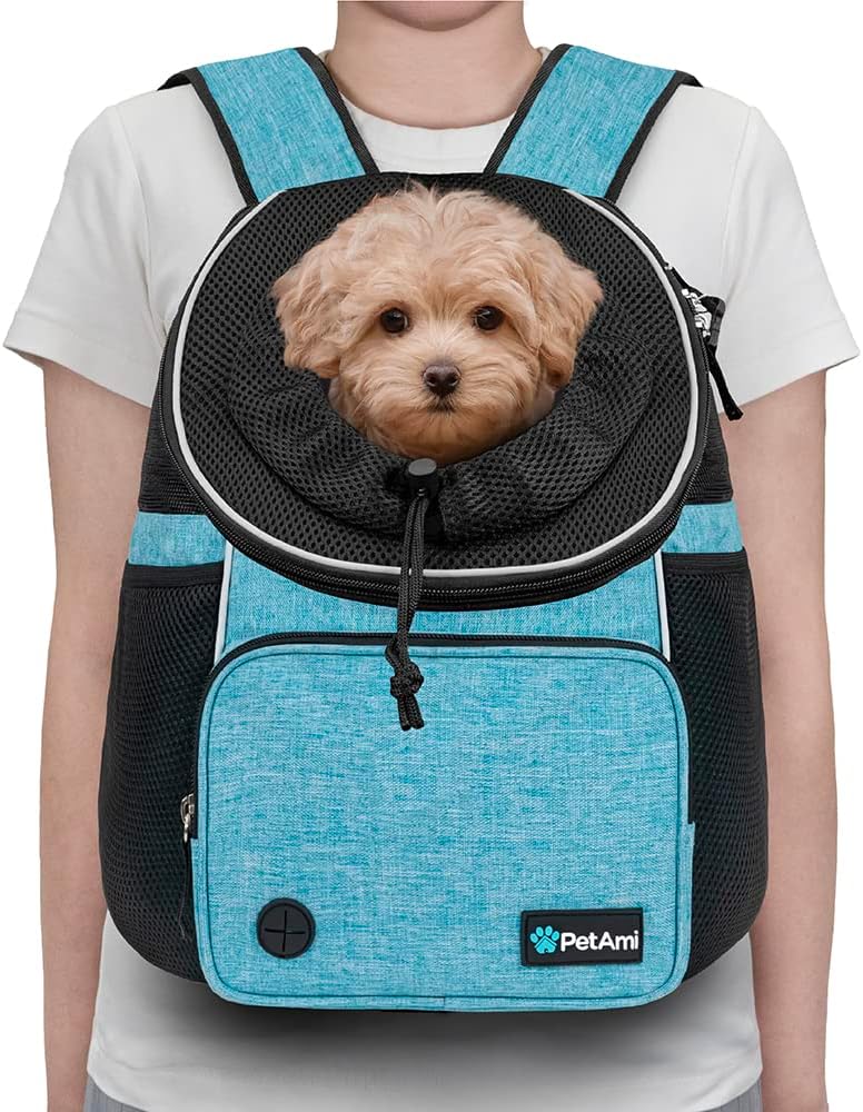 PetAmi Adjustable Cat & Dog Chest Carrier Backpack, Ventilated for Hiking & Camping, Max 15 lbs, Teal Blue