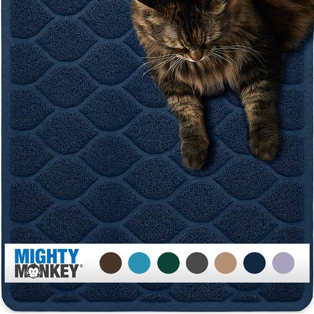MIGHTY MONKEY Waterproof Cat Litter Box Mat, BPA Free, 24x17 Navy | Easy Clean Floors, Textured Backing, Soft on Sensitive Kitty Paws, Cats Accessories, Less Waste, Stays in Place