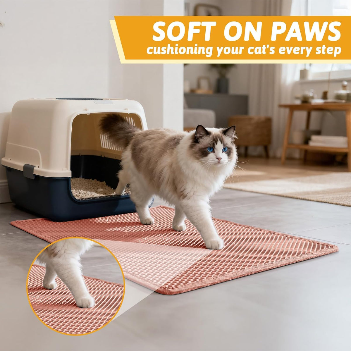 Pieviev Litter Mat, Double-Layer Waterproof Design, 30" x 24" Coral Red | Honeycomb Litter Trapping Mat Captures Scattered Particles to Stop Tracking, Waterproof Base Protects Floors, Easy to Clean