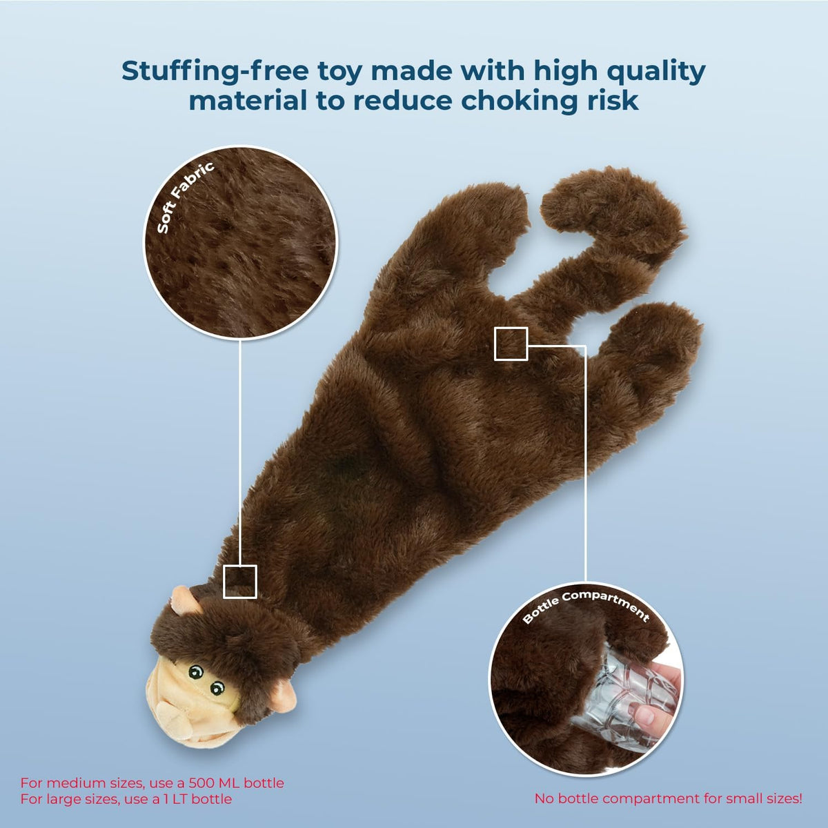 Best Pet Supplies 2-in-1 Stuffless Squeaky Dog Toy - Monkey, Large | No-Stuffing, 2 built-in squeakers, No Mess, Soft, Holds a Plastic Bottle for Added play, Perfect for Moderate chewers