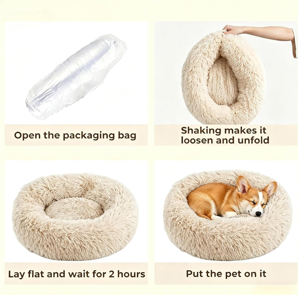 Calming Large Donut Dog and Cat Bed, Anti-Anxiety Round Soft Fluffy Plush Faux Fur Washable Anti-Slip Pet Bed for Medium Dogs Up to 35 lbs 28in Light-Brown