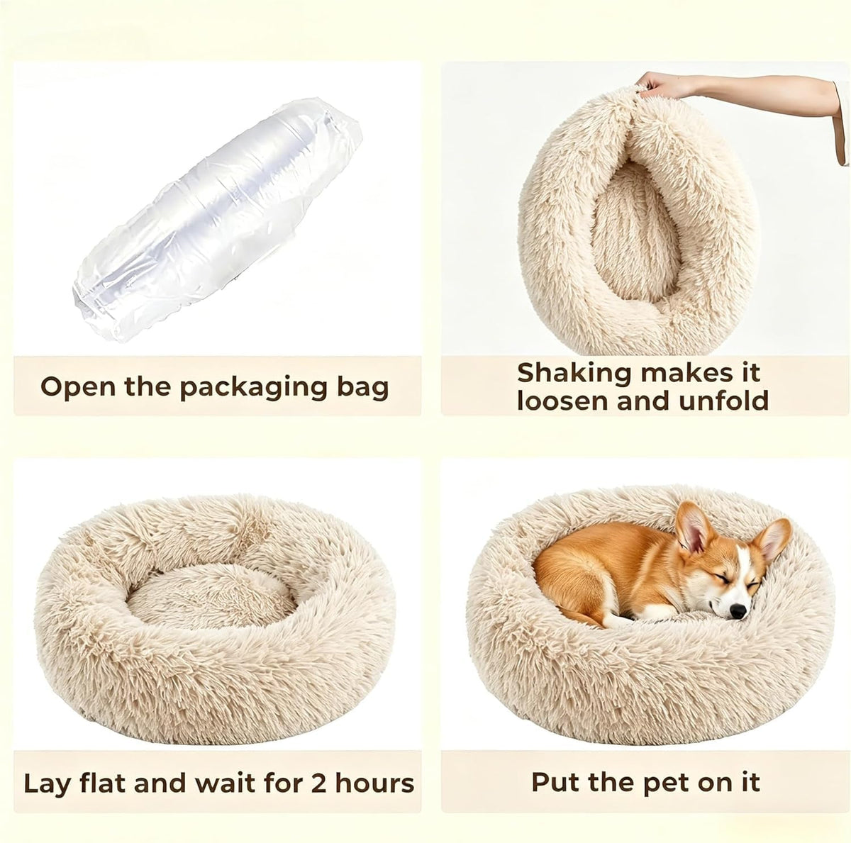 Calming Large Donut Dog and Cat Bed, Anti-Anxiety Round Soft Fluffy Plush Faux Fur Washable Anti-Slip Pet Bed for Medium Dogs Up to 35 lbs 28in Light-Brown