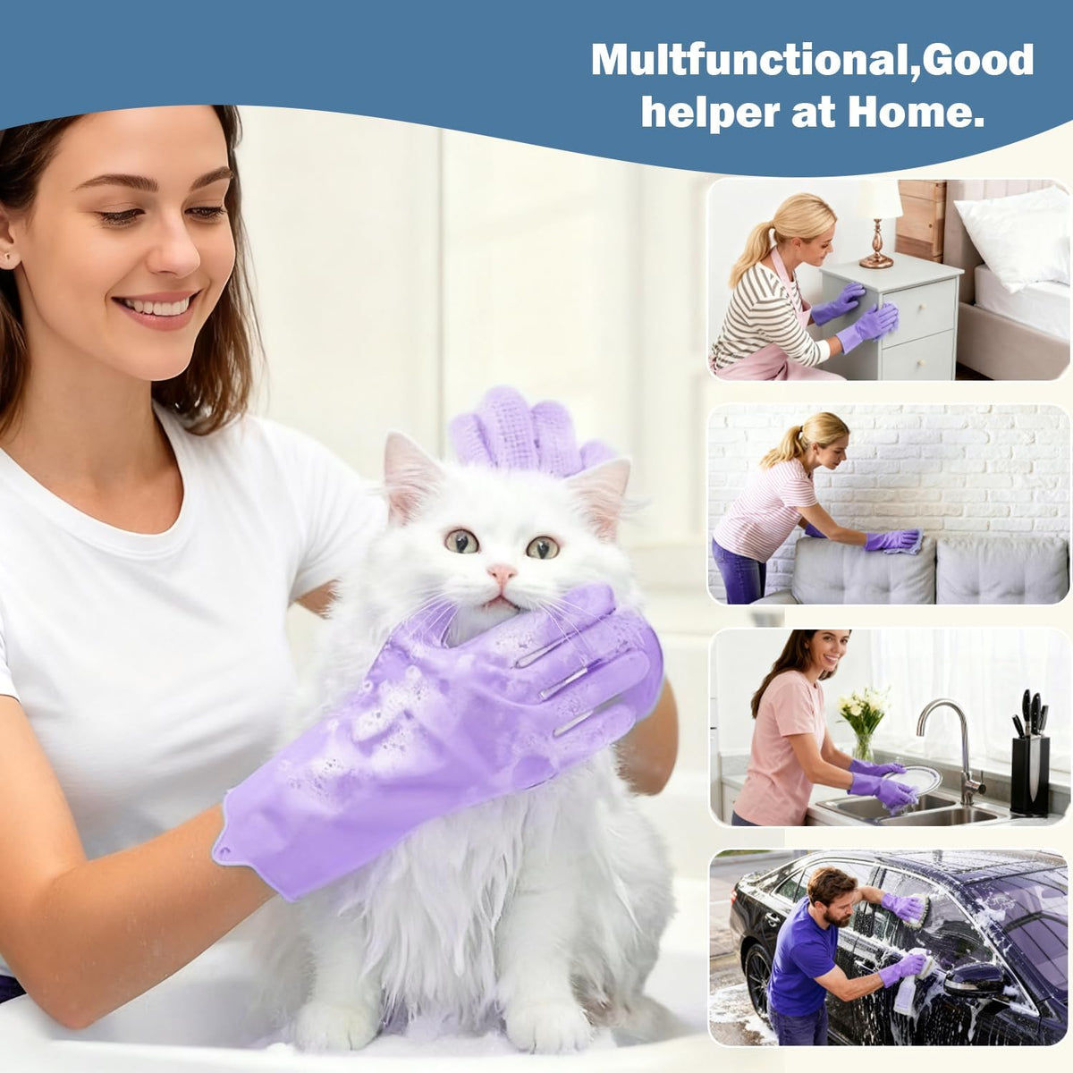 Pet Grooming Gloves, Silicone Bath Massage Gloves, Wet Dry (Purple)