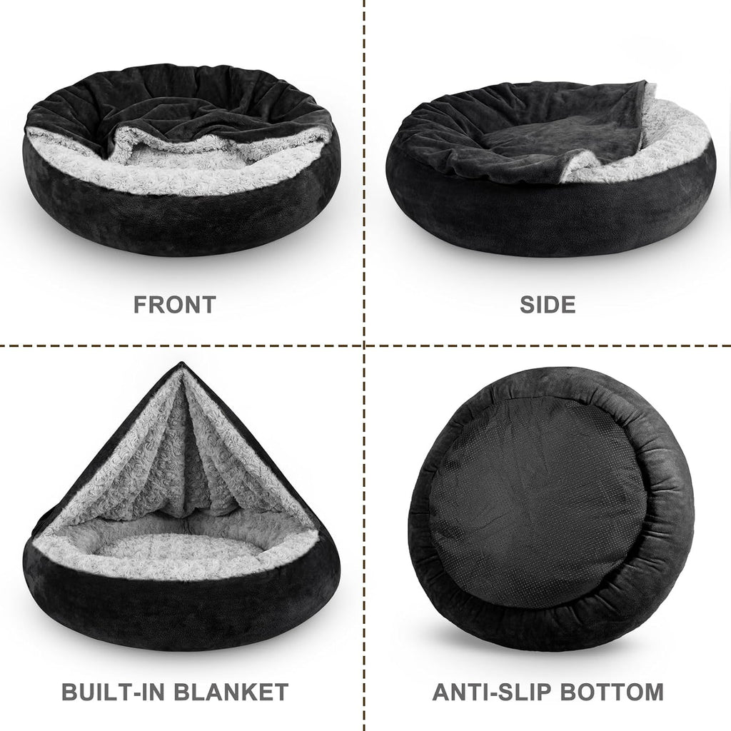 JOEJOY Small Dog Bed Cat Bed with Hooded Blanket, Cozy Cuddler Luxury Puppy Pet Bed, Donut Round Calming Anti-Anxiety Dog Burrow Cave Bed - Anti-Slip Bottom and Machine Washable 26 inch