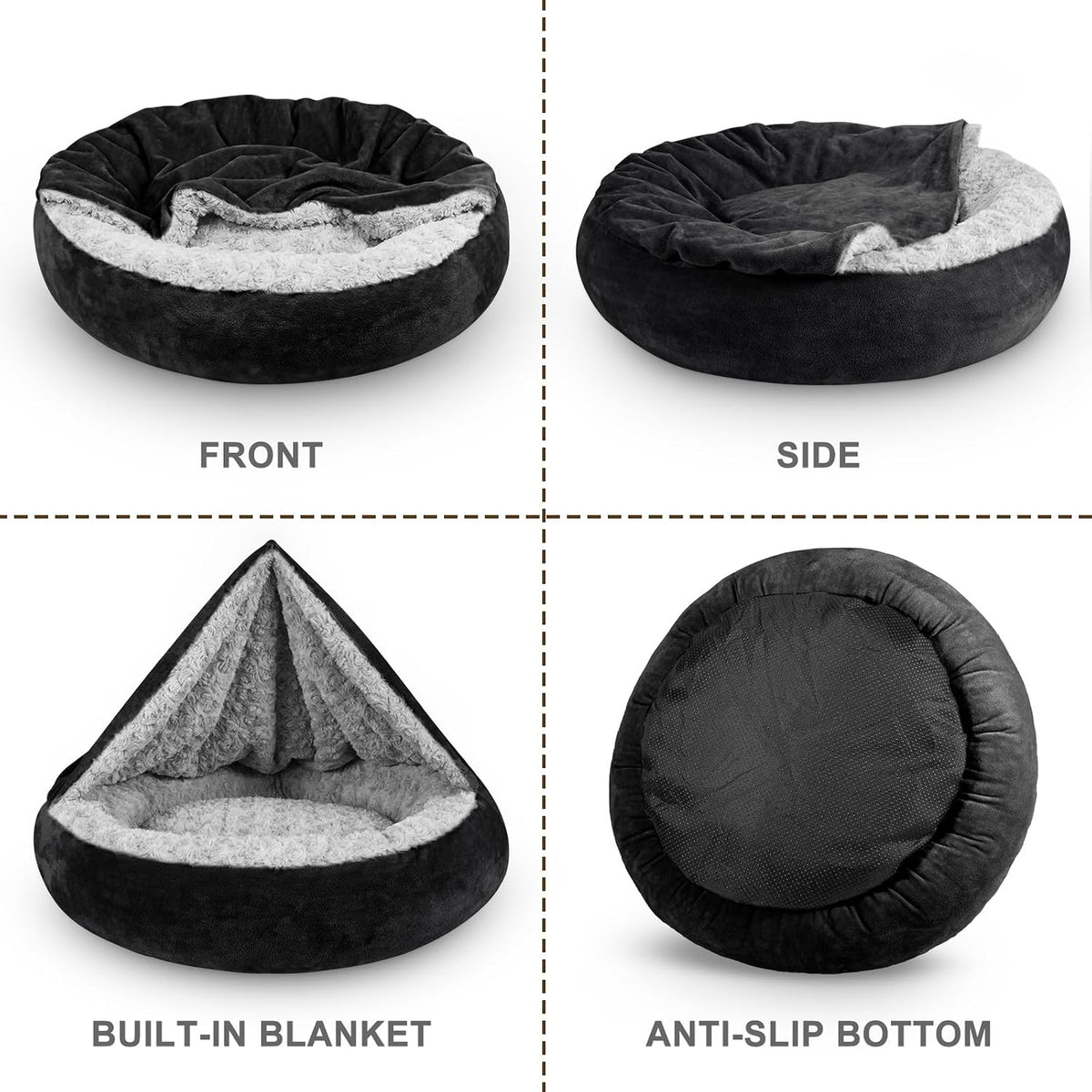JOEJOY Small Dog Bed Cat Bed with Hooded Blanket, Cozy Cuddler Luxury Puppy Pet Bed, Donut Round Calming Anti-Anxiety Dog Burrow Cave Bed - Anti-Slip Bottom and Machine Washable 26 inch