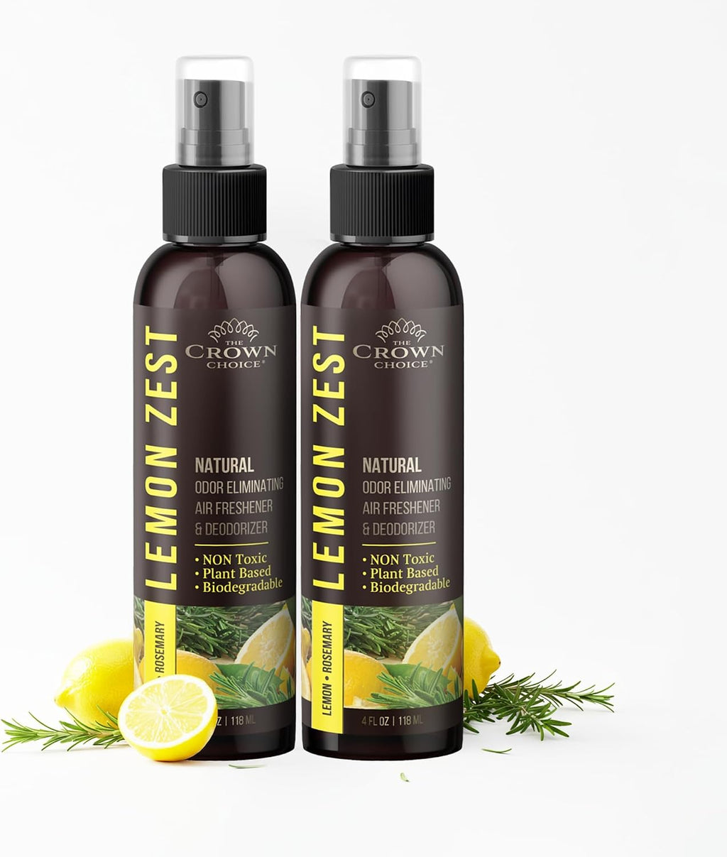 Non-Toxic Odor Eliminator, Natural Citrus Lemon Zest Air Freshener Spray for Home, Room, Closet & Couch Deodorizer, Long Lasting Bathroom & Toilet Freshener, Safe for Kids & Pets - 2 PK - 4 Oz each