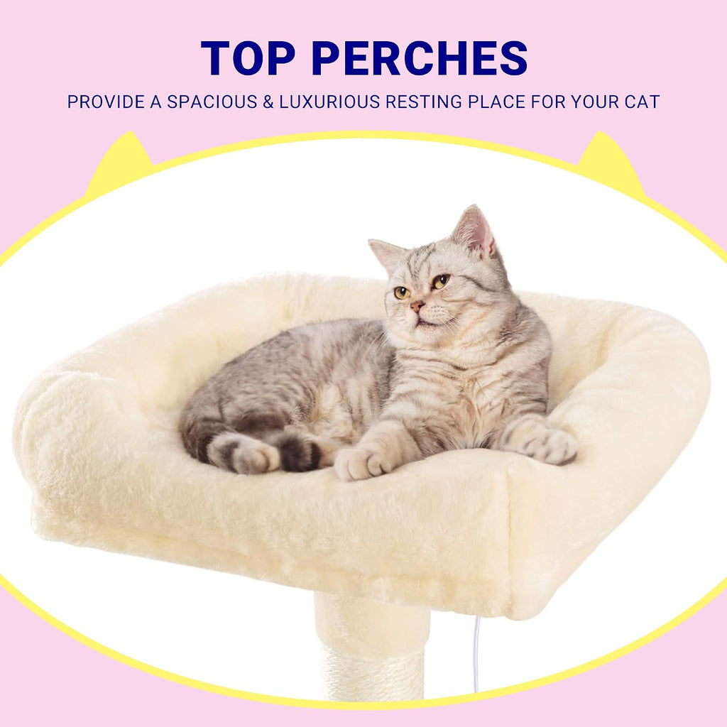 Allewie 73in Fan-Shaped Space-Saving Corner Cat Tower/Multi-Level Tall Cat Tree for Indoor Kitties/Cozy Baskets/Condos/House/Perches/Sisal Scratching Posts/Pet Activity Center/Beige