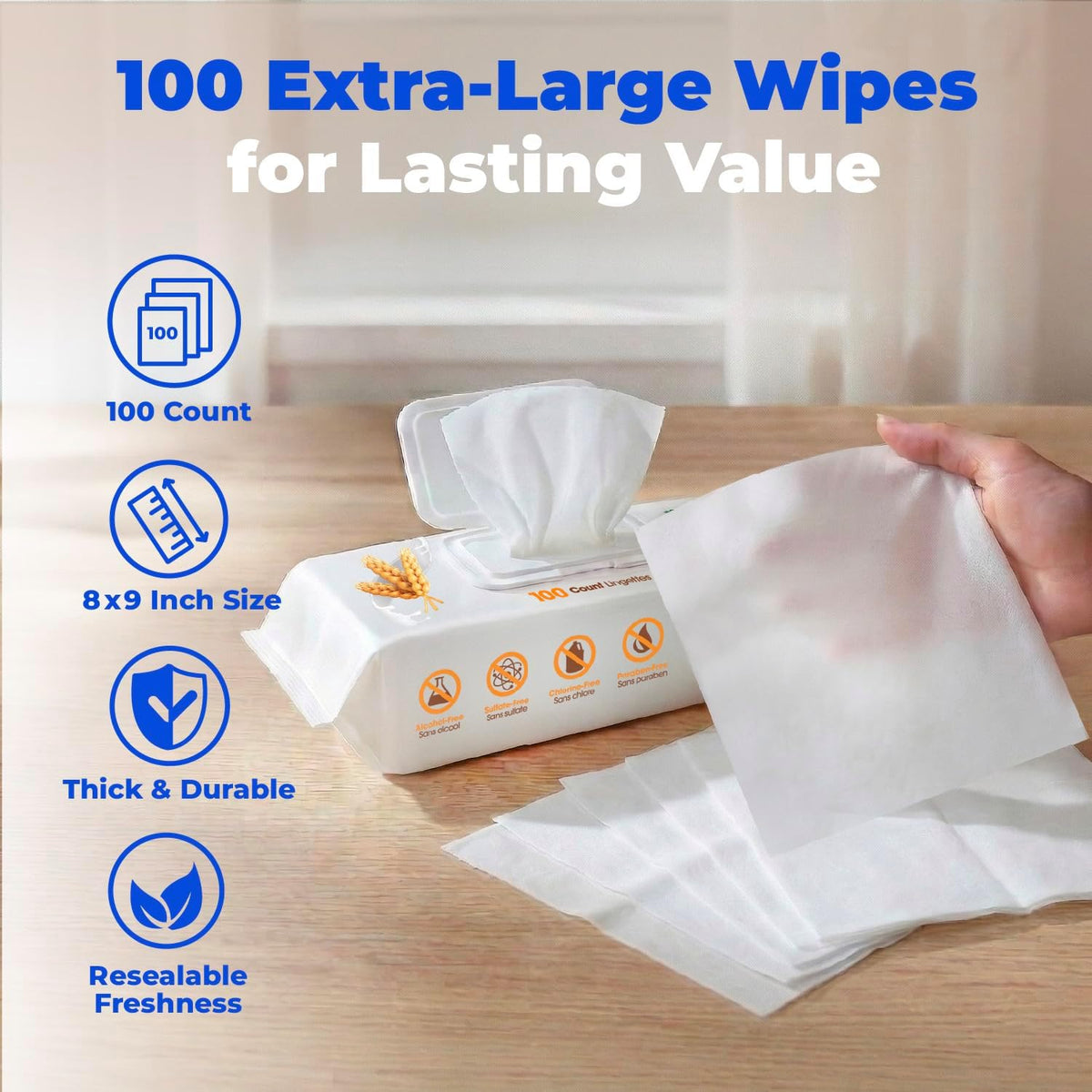 Best Pet Supplies Cleaning Dog Wipes - Soothing Oatmeal, 100 Count | Unscented, Large 8"x9", Vitamin E, Puppy & Cat Safe, Gentle Grooming, Resealable Pouch Prevents Drying 