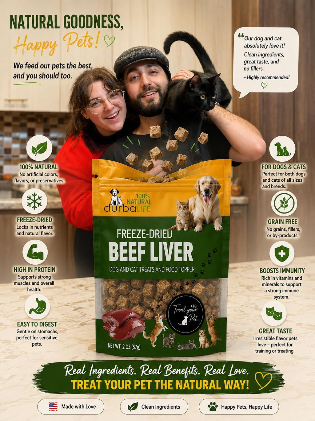 Freeze Dried Single Source Beef Liver Cubes Dog & Cat Treats Food Topper - Raw Bits Training Treasure, Possess Strong Aroma & Flavor Encourage Picky Eaters, High-Protein Recipe (2.0 oz, Beef Liver)