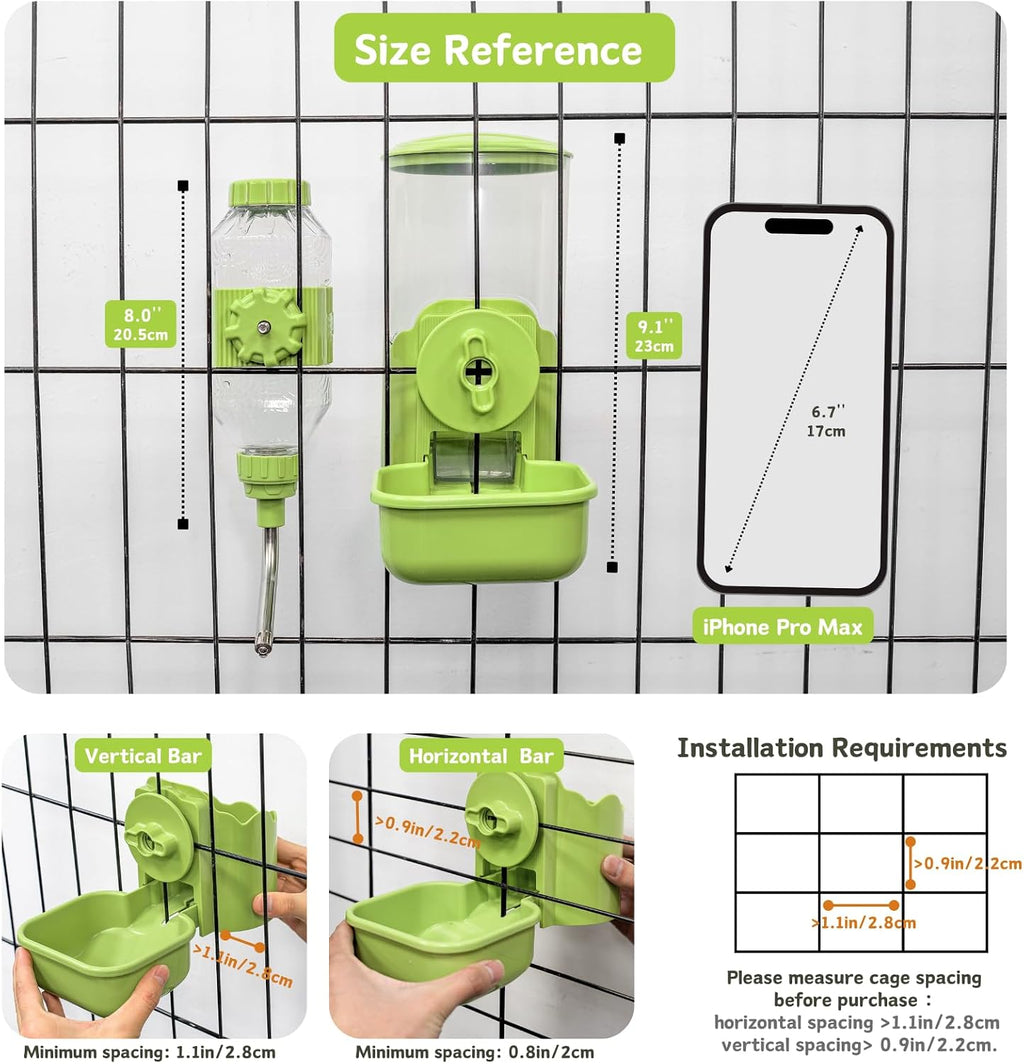 Automatic Pet Food Water Dispenser, Auto Gravity Pet Feeder Water Bottle Set for Cage, Feeding Station for Puppy Kitten Rabbit Guinea Pigs Chinchilla Ferret Hedgehog (Green)