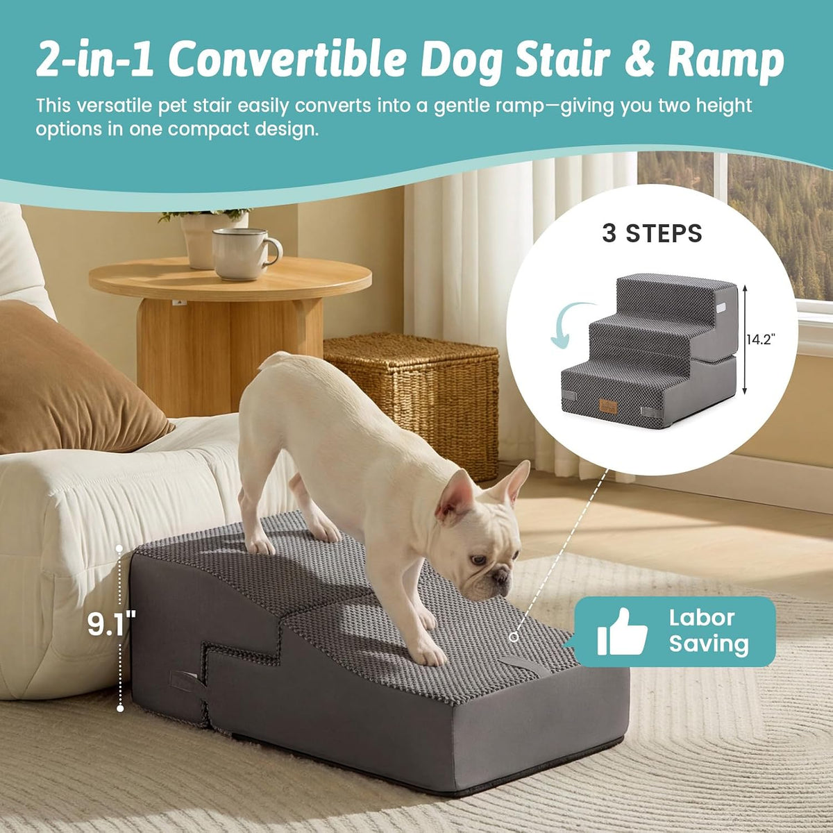 COZY KISS Dog Stairs for Small Dog, 14.2" H, 3 Step for Couch, Gray