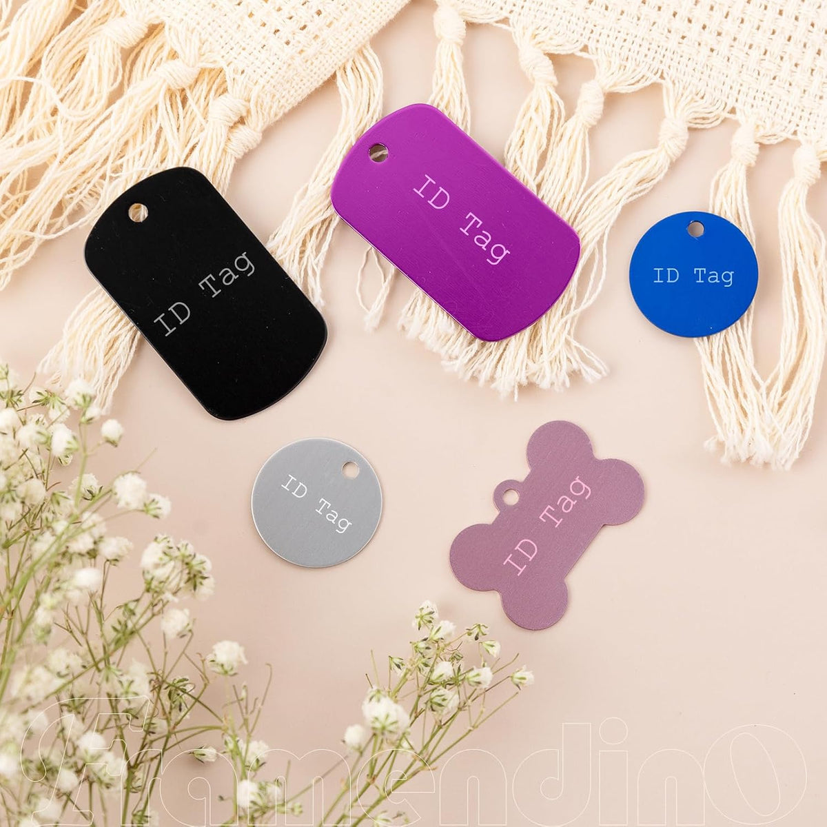 Framendino, 60 Pack Pet ID Tag Colorful Blank Double Sided Aluminum Charms for Dog Cat DIY Crafts Jewelry Making 10 Colors 3 Different Shapes