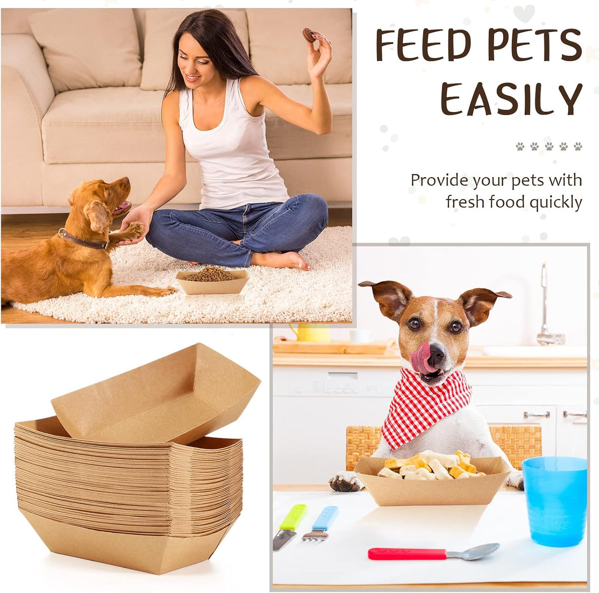 50 Pack Disposable Paper Dog Bowls, 16 oz for Dogs and Cats | Low-sided 16 oz Kraft Paper Trays for Wet or Dry Food, Suitable for Small Dogs, Puppies and Cats at Home, Travel or Camping