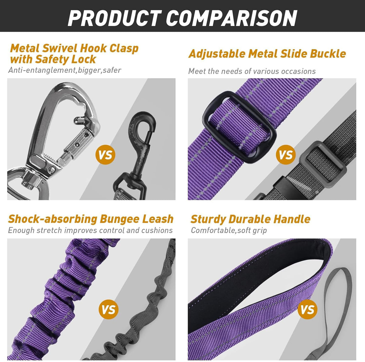 AUBELL Tactical Dog Leash Heavy Duty,4-6ft No Pull Bungee Leash,Purple
