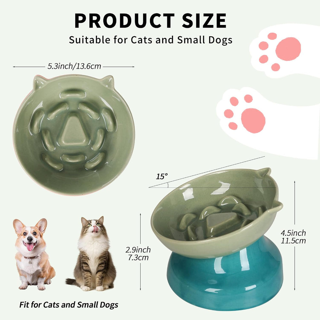 Ceramic Slow Feeder Cat Bowl, 15-Degree Tilted Non-Slip
