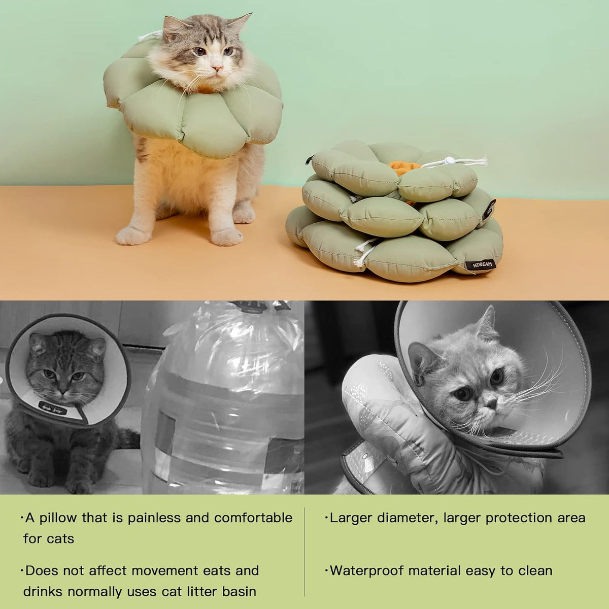 Cat Cone Collar,Cute Waterproof Cat Recovery Collar,Anti-Bite Lick Wound Healing Safety Elizabethan e Collar for Cats,Green Flower All-Season Style