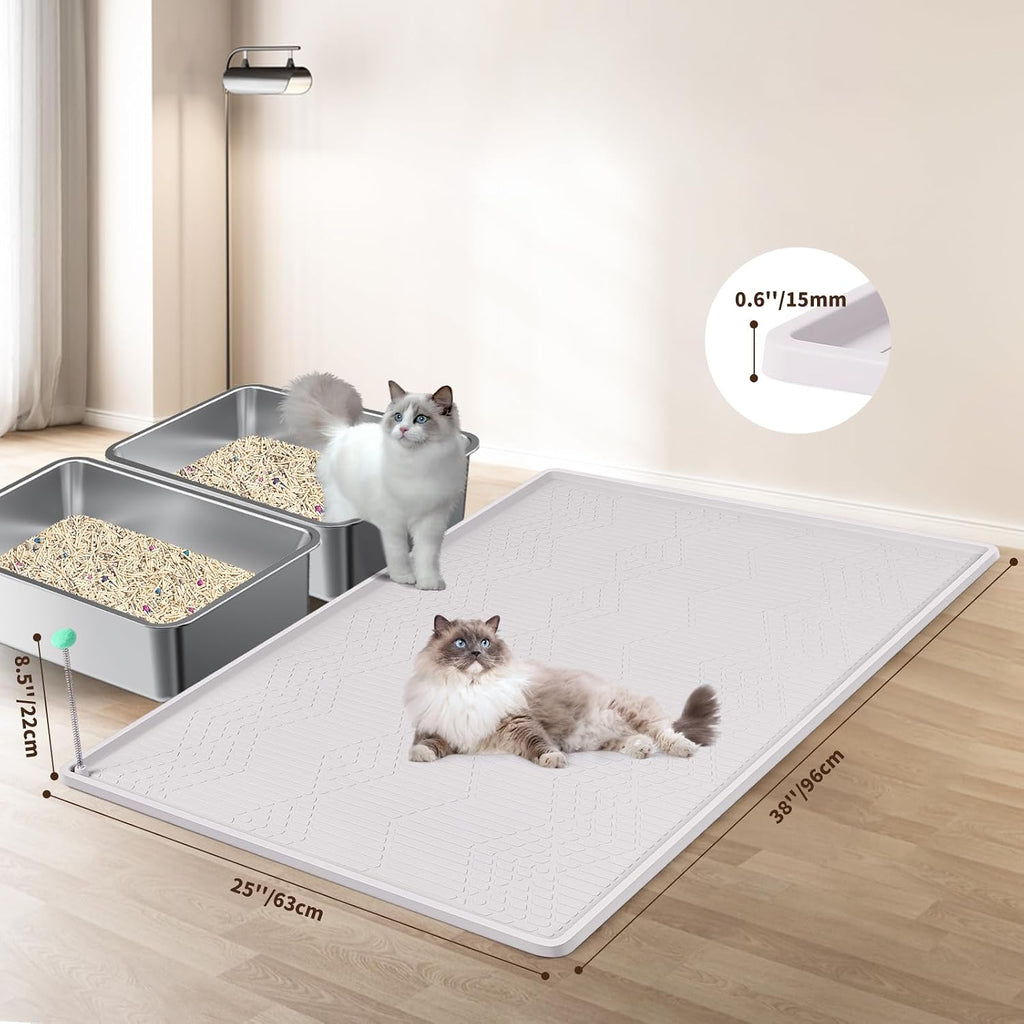 Silicone Cat Litter Box Mat 38'' x 25'' Cat Mat with Toy, White