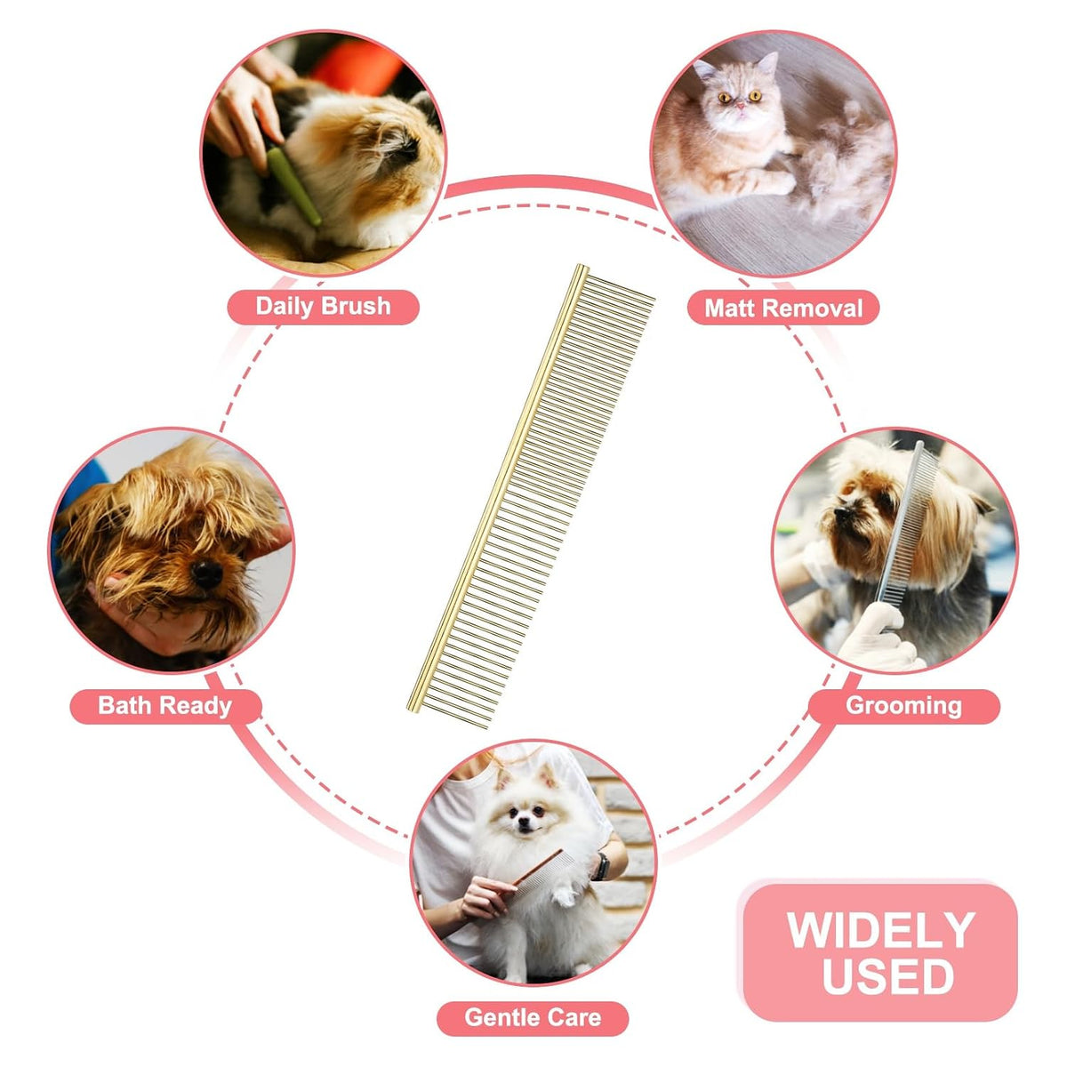 Dog Cat Comb, Pet Combs Stainless Steel Teeth with Rounded Ends for Knots Mats Loose Hair Removal, 7.5IN (Gold Plated, 3 Pack), Grooming Tool Intended for Long Curly Hair Pet