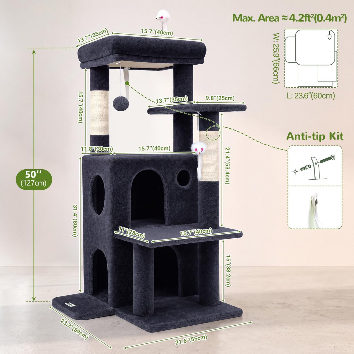 Globlazer Cat Tree Tower for Indoor Cats Large Adult, FC50, Dark Grey