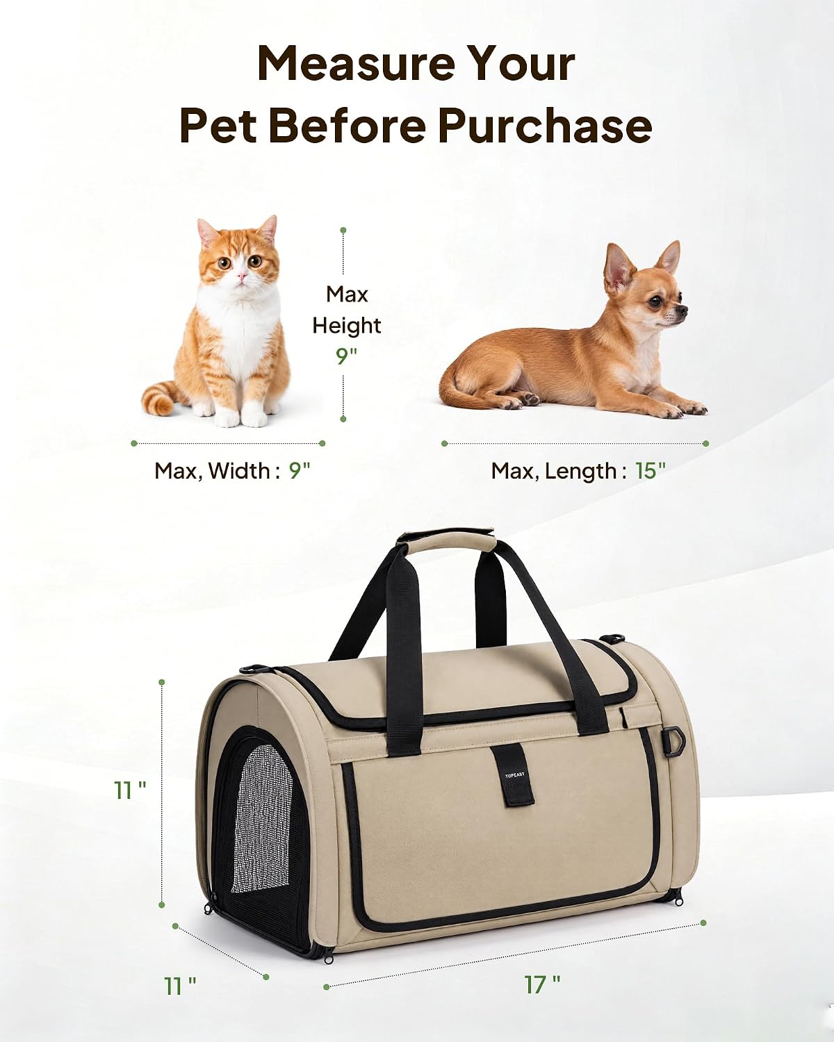 Backpackable Cat Carrier 17"x11"x11", Soft-Sided Collapsible Pet Carrier