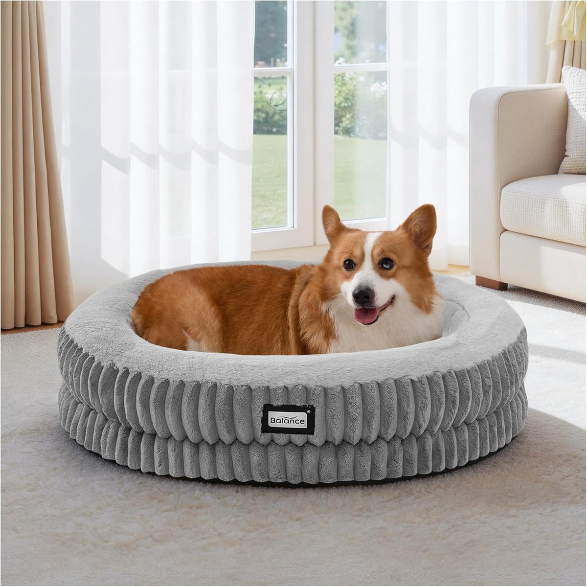 BALANCE Donut Dog Bed, 30 Inches Round Dog Bed Medium Size Dogs Washable, Orthopedic Calming Dogs Beds for Kitten, Fluffy Plush Faux Fur Pet Bed with Anti-Slip Bottom
