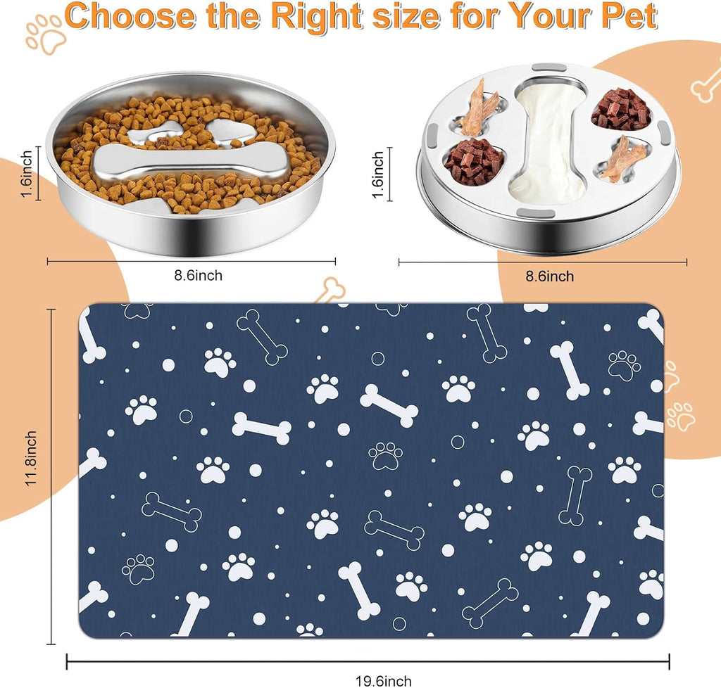 Stainless Steel Slow Feeder Dog Bowls with Pet Feeding Mat,2 Pcs Slow Food Bowl for Dog & Cat - 2 Cups Capacity,with Absorbent Pet Placemat,Puzzle Maze Dish for Small & Medium Sized Breeds