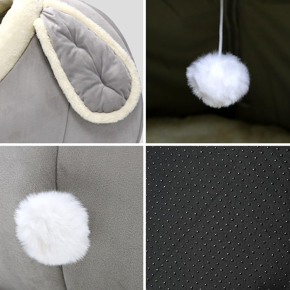 Cat Beds for Indoor Cats-Rabbit-Shaped Cat Cave Bed with Hanging Toy,Grey L