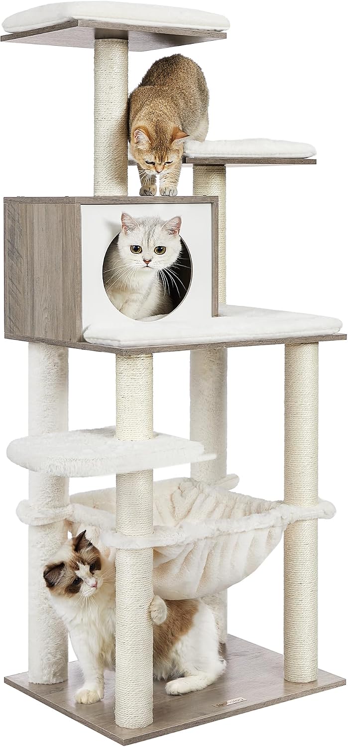 Feandrea Cat Tree, 56.3-Inch Contemporary Cat Tower, Multi-Level Condo