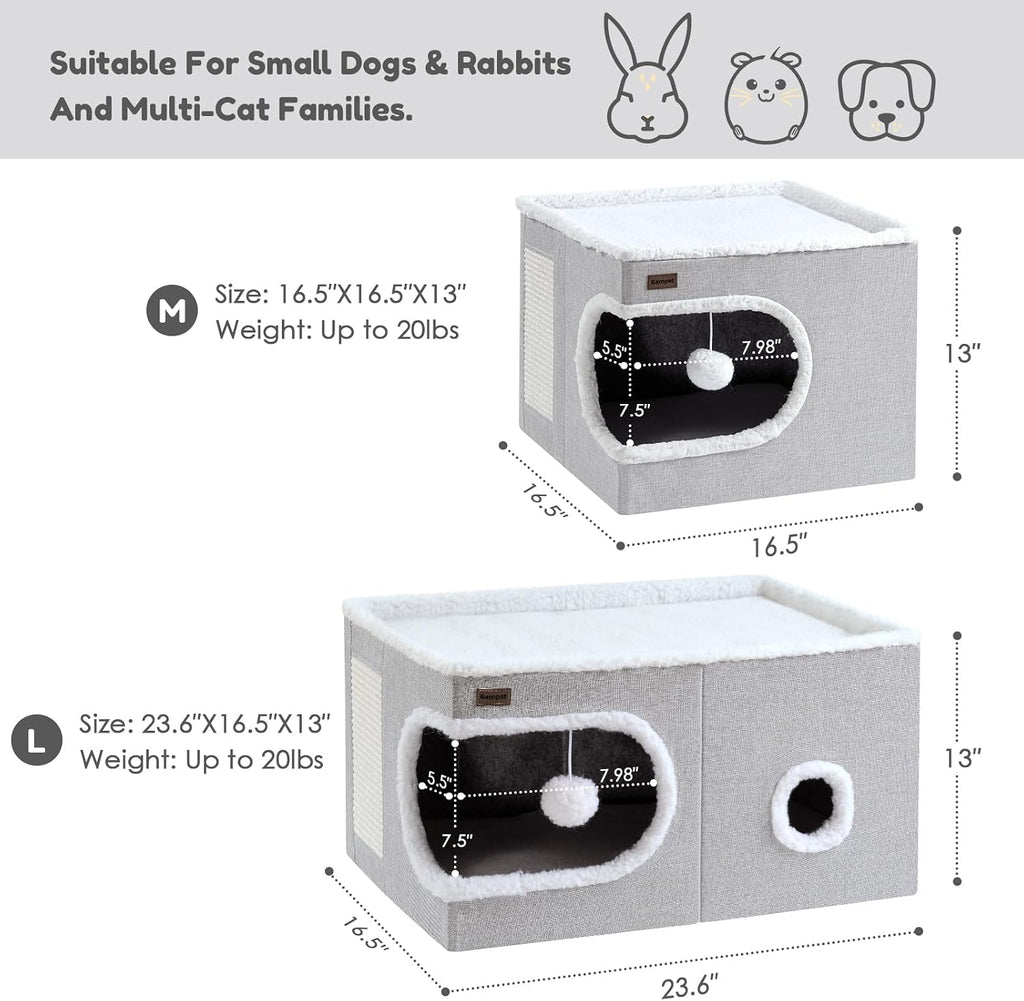 Garnpet Cat Bed for Indoor Cats Cube House, Covered Cat Cave Beds & Furniture with Scratch Pad and Hideaway Tent, Cute Modern Cat Condo for Multi Small Pet Large Kitten Kitty, Large, Grey