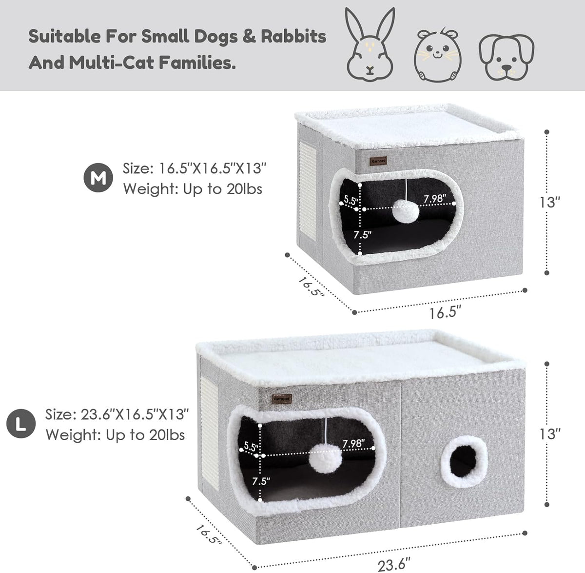 Garnpet Cat Bed for Indoor Cats Cube House, Covered Cat Cave Beds & Furniture with Scratch Pad and Hideaway Tent, Cute Modern Cat Condo for Multi Small Pet Large Kitten Kitty, Large, Grey