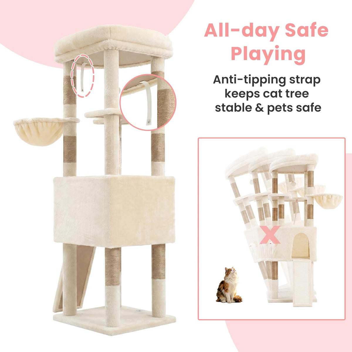 Cat Tree, 61 Inch Tall Cat Tower, Diamond-Shaped Cat Cave VCT001MJ