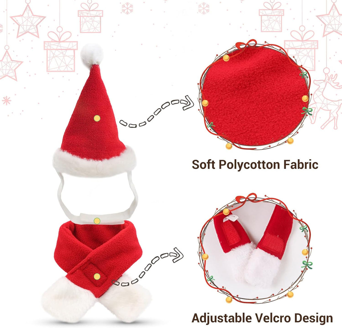 NAMSAN Pet Christmas Costume for Cats Small Dogs Rabbits, Santa Cat Hat with Red Scarf, Small Dog Xmas Hat Scarves, Red Christmas Cat Outfit for Holiday Party Cosplay Statue Decoration