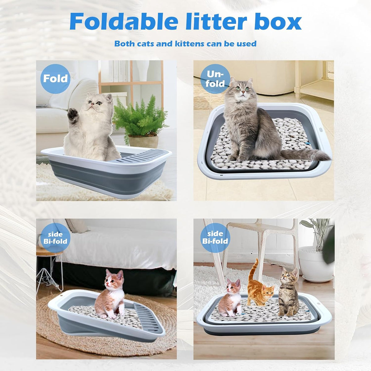 Collapsible Small Cat Litter Box,Open Top Cats Litter Pan with Scoop Waterproof & Foldable Kitten Potty Toilet Anti-Splashing Low Entry Kitty Travel Litter Tray Semi-Enclosed Easy Clean(Gray)