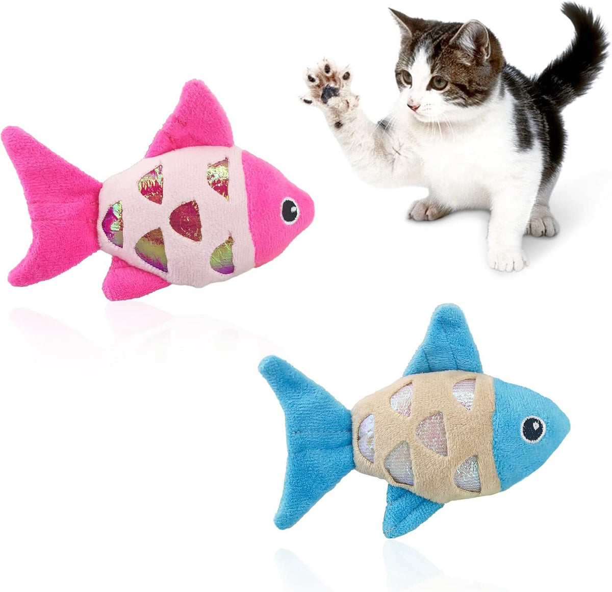 Andiker Cat Catnip Toys, 2pcs Small Cat Fish Toys with Crinkle Shine Ring Paper to Make Sound to Catch Your Cats Eyes and for Your Cats to Chew and Catch Interactive Cat Toys Indoor Cat (2PCS)