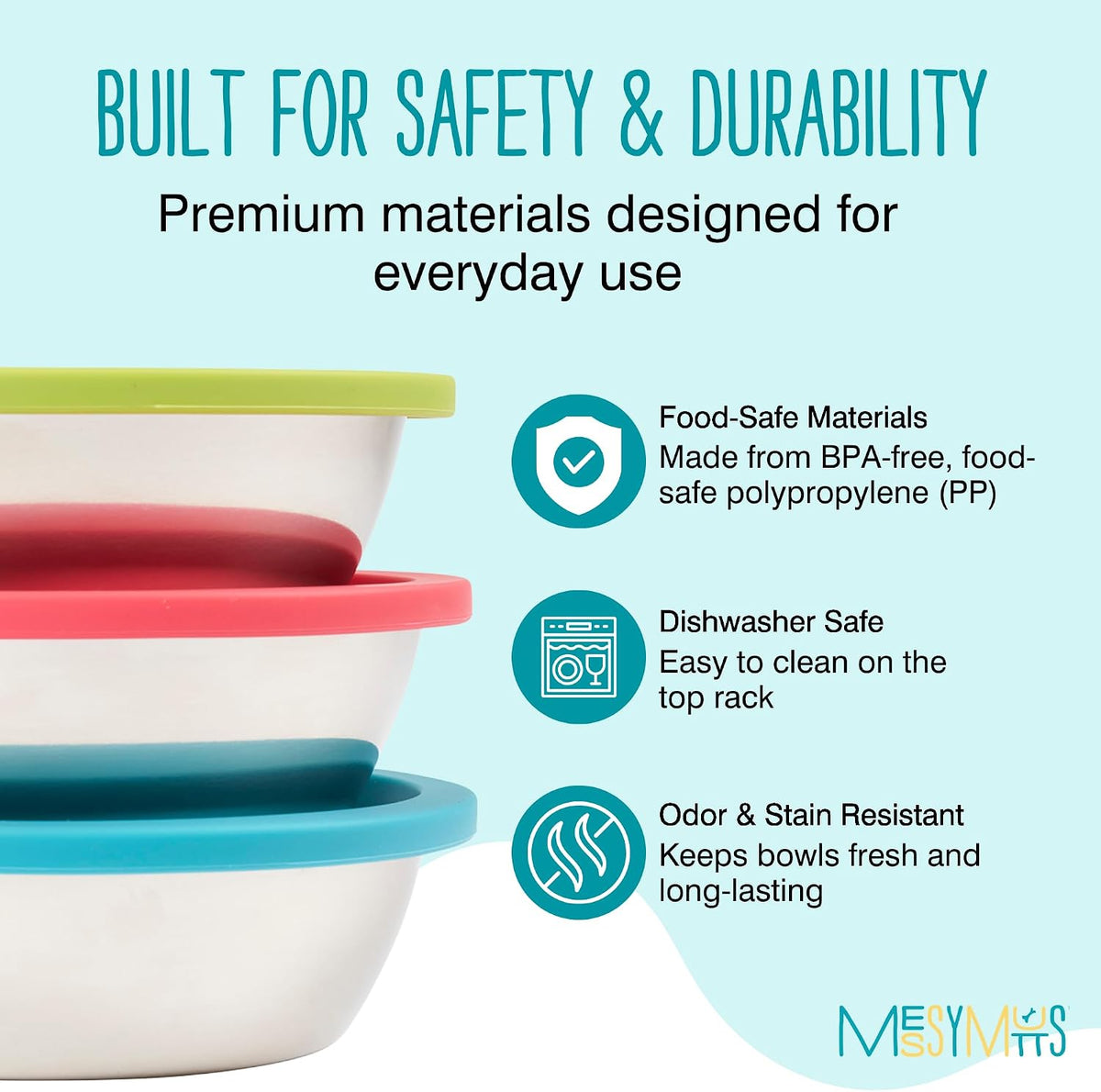Messy Mutts 6 Piece Set, 3 Stainless Bowls and 3 Silicone Lids, Medium | Set Of Three Stainless Dog Bowls And Three Airtight Silicone Lids For Meal Prep, Storage, And Travel 