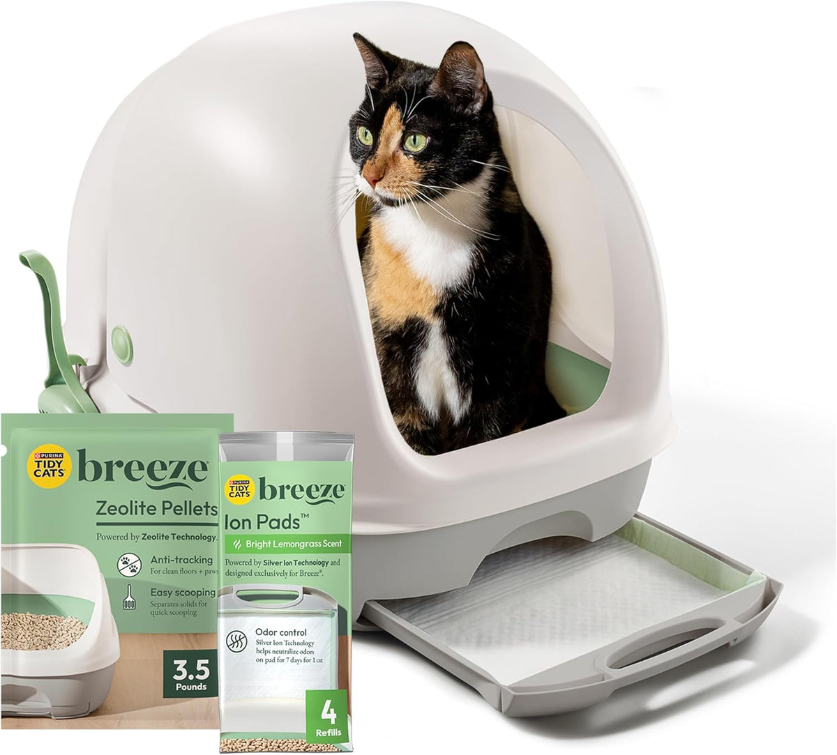 Purina Tidy Cats Breeze Covered Cat Litter Box System Kit | Hooded litter box with scoop, plus Zeolite pellets and cat litter pads, easy-to-use kit for odor control