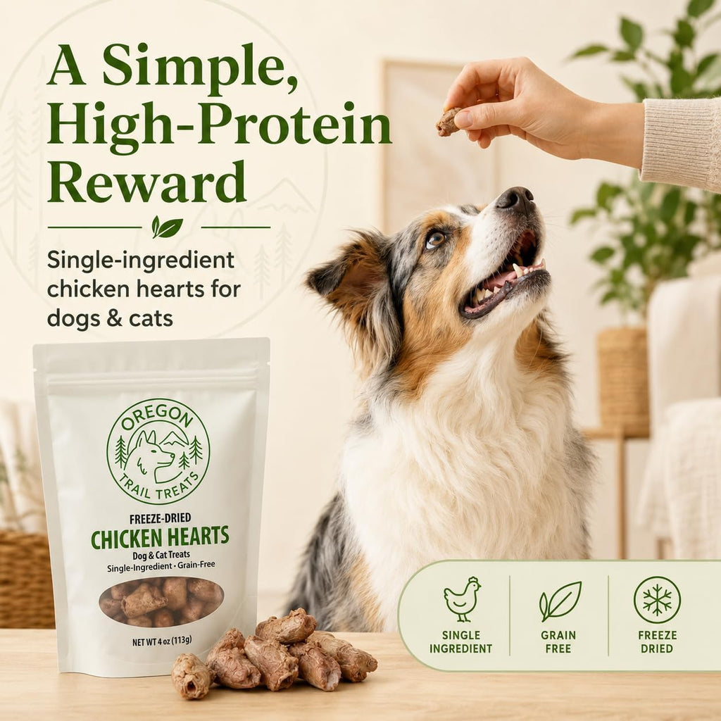 Oregon Trail Treats Freeze Dried Chicken Hearts 4oz - Premium Single Ingredient Cat & Dog Chicken Treats - No Preservatives, Zero Gluten or Grain - Made in the USA