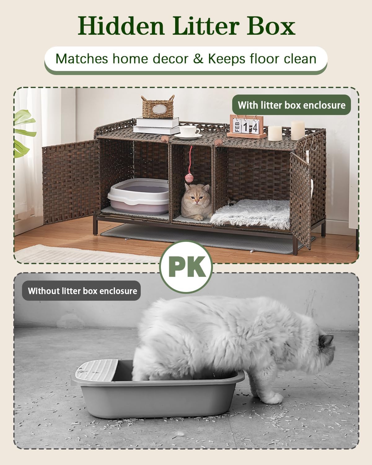 SETVSON Cat Litter Box Enclosure for 2 Cats, Litter Box Furniture, Brown | Beautiful Decorative Furniture Look, Sturdy Iron Frame, 3.2" Heightened Feet, Double Mats, S-Hooks Included, Double Doors