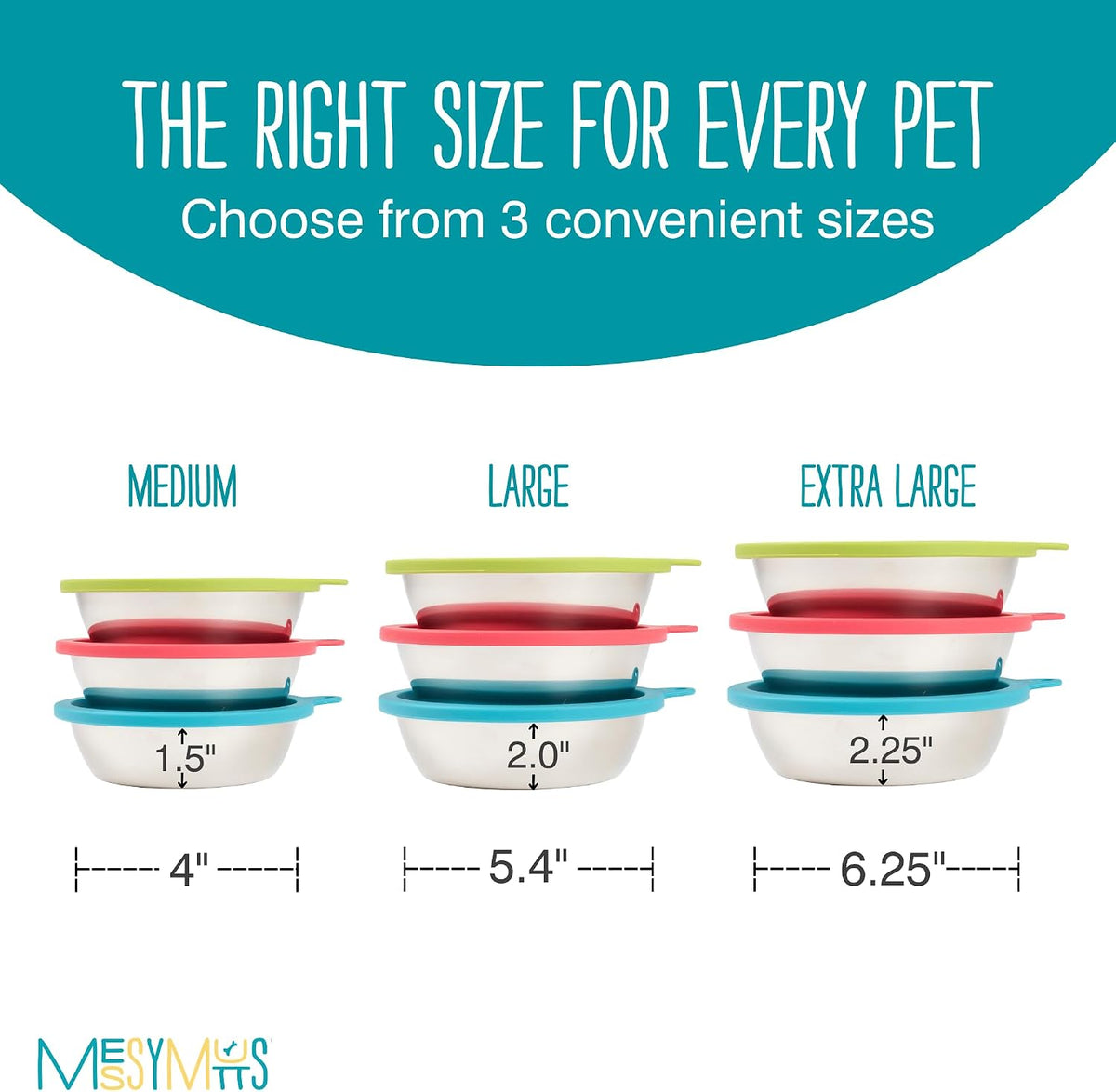 Messy Mutts 6 Piece Set, 3 Stainless Bowls and 3 Silicone Lids, Medium | Set Of Three Stainless Dog Bowls And Three Airtight Silicone Lids For Meal Prep, Storage, And Travel 
