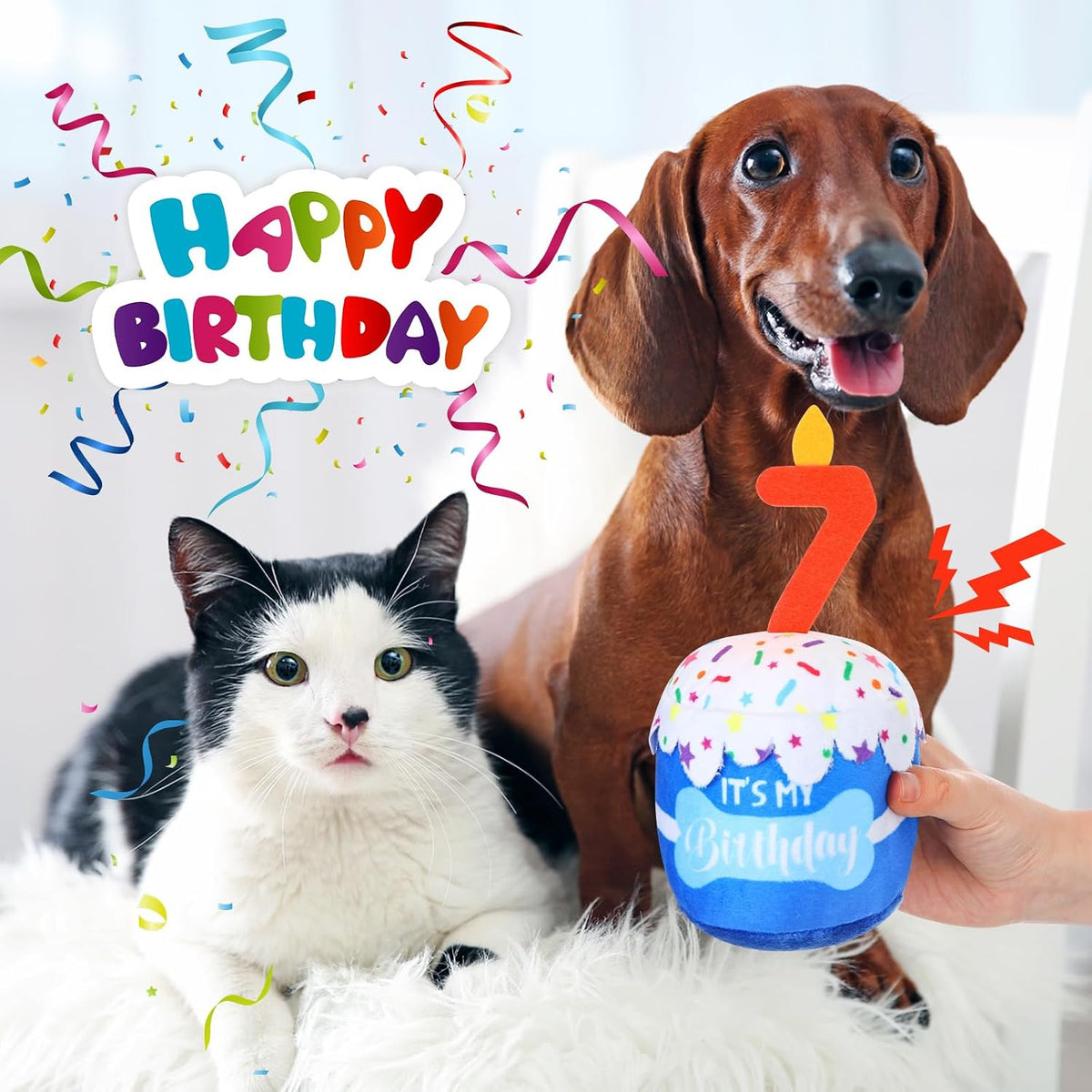 Dansydaisy Dog Birthday Cake Toy Squeaky Plush Gift,7th,Blue | Interactive Squeaky Gift for Dogs, Dog Birthday Decor , Soft Chew for Small Medium Large Pets, Cake Design with Candle