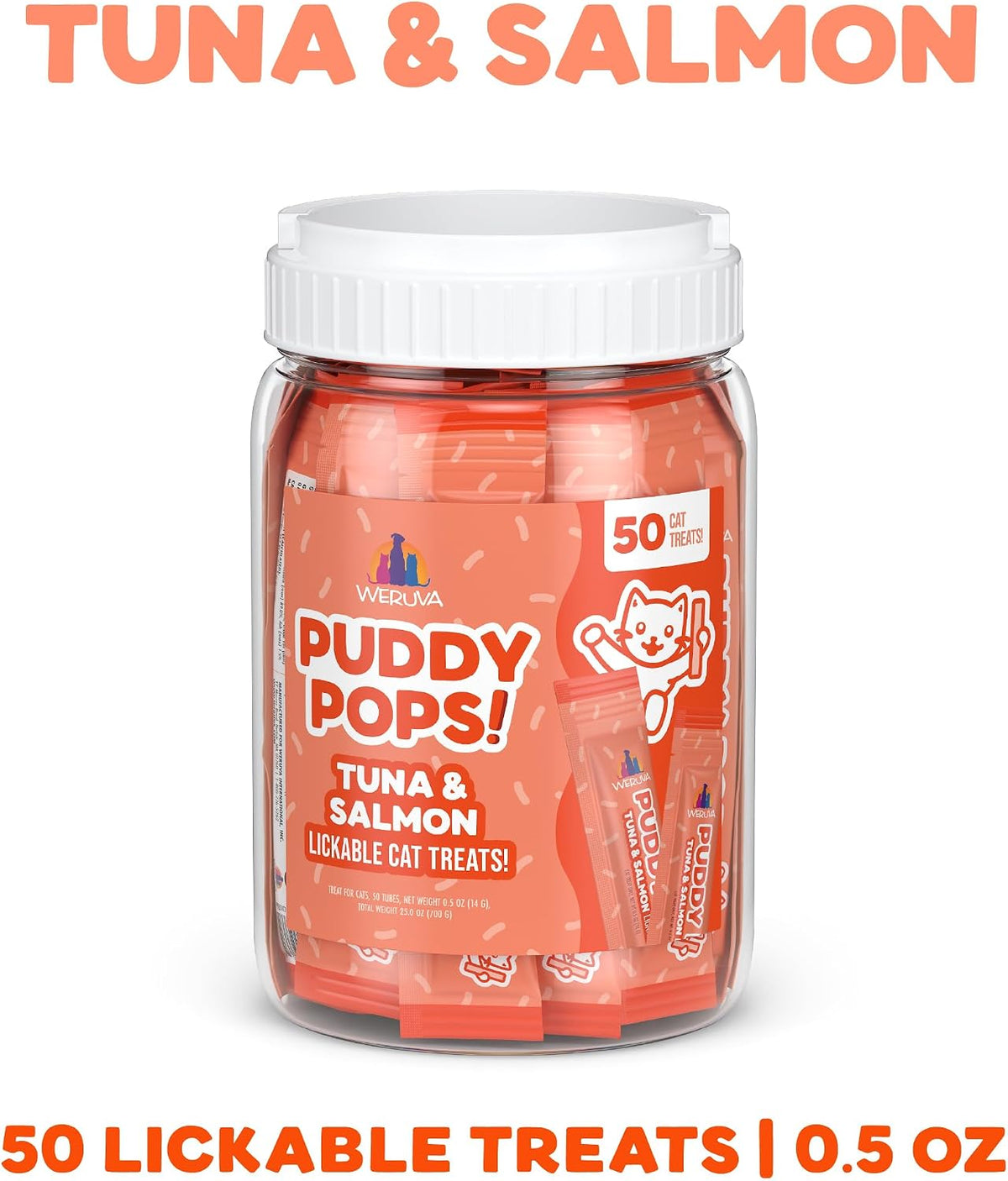 Weruva Puddy Pops, Tuna and Salmon Lickable Cat Treats, 0.5oz Tube, Pack of 50