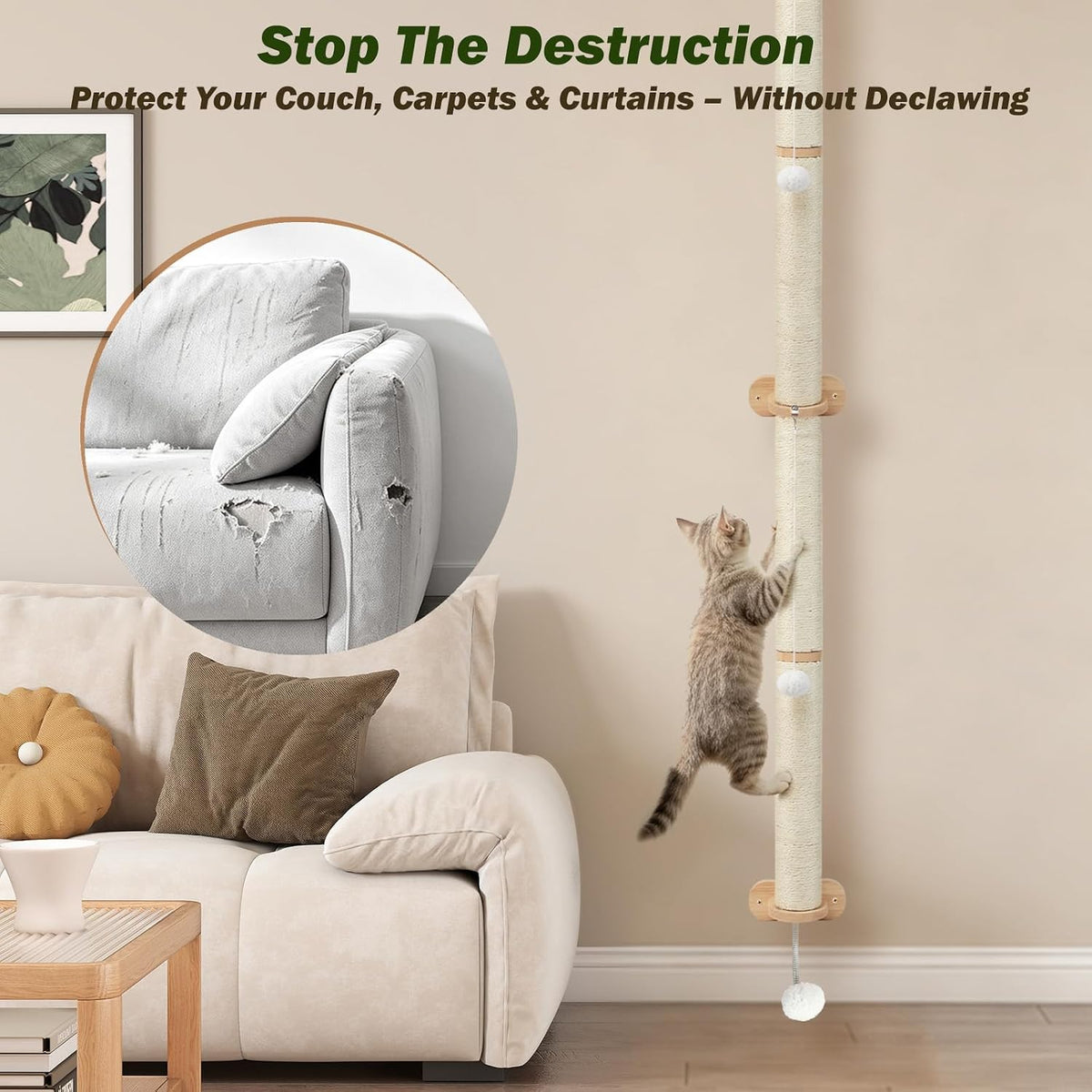 EMUST Cat Wall Scratcher 2 Pack 66", Tall Sisal Scratch Post for Large Cats
