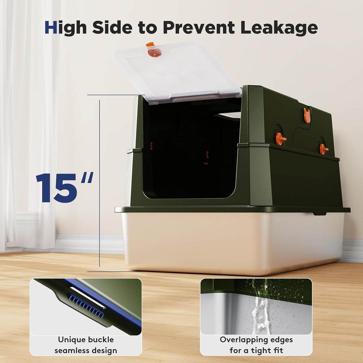 FURTIME Stainless Steel Litter Box with Lid, Enclosed Metal Cat Litter Box | XL Extra Large, Cat Box with High Sided Enclosure & Scoop, Big Cats, Front & Top Entry, Odor Free, Anti-Leakage, Green