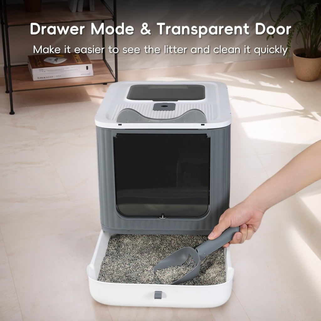 Foldable Enclosed Cat Litter Box with Lid, for Kitten to Medium, Gray-White